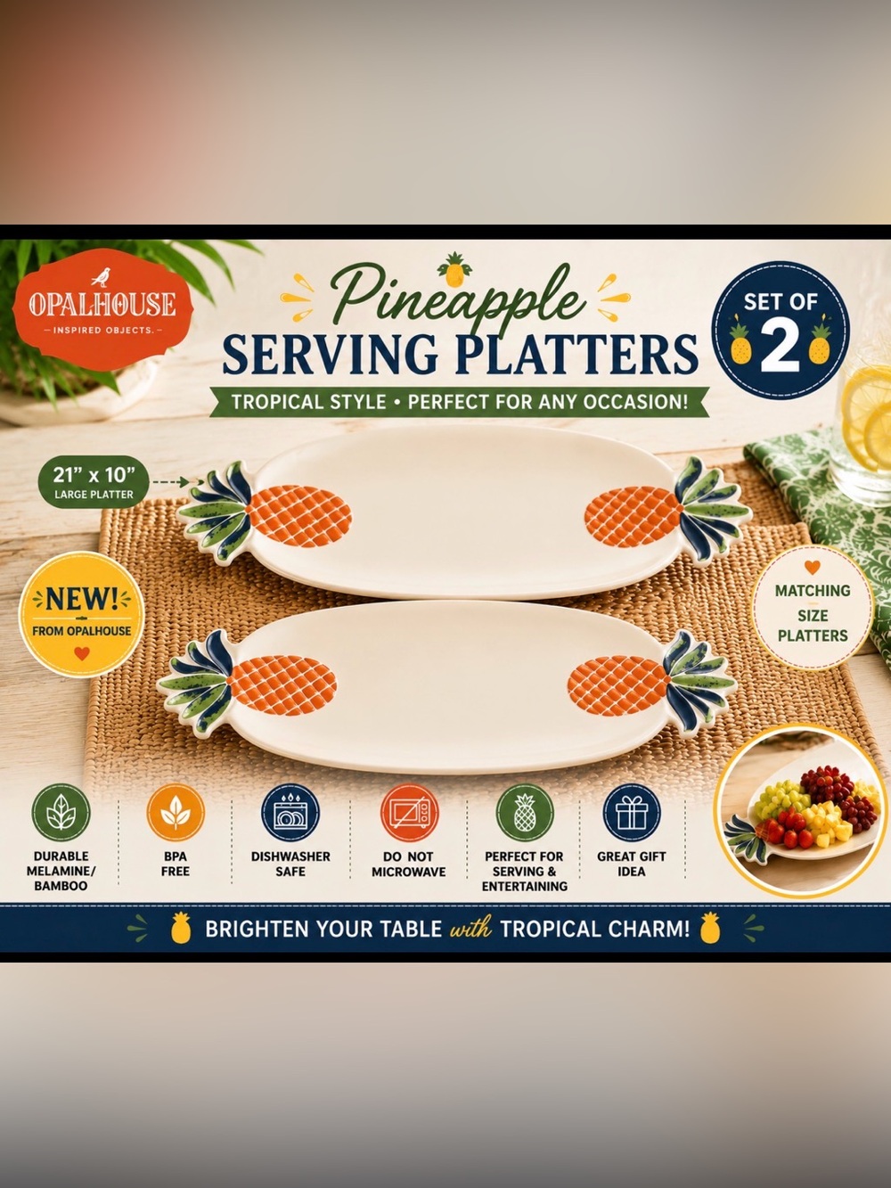 Set of 2 Opalhouse Pineapple Serving Platters 21x10 Melamine Bamboo Tropical
